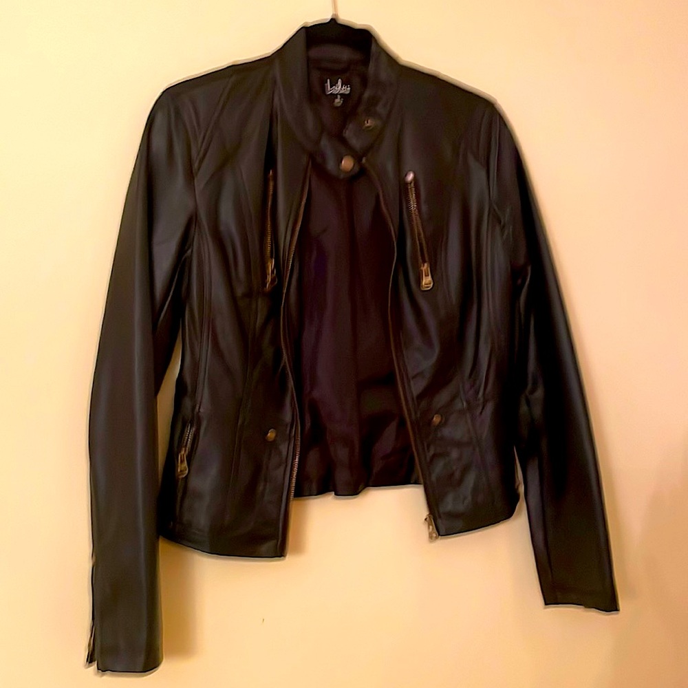 LuLus Vegan Leather Black Bomber Jacket